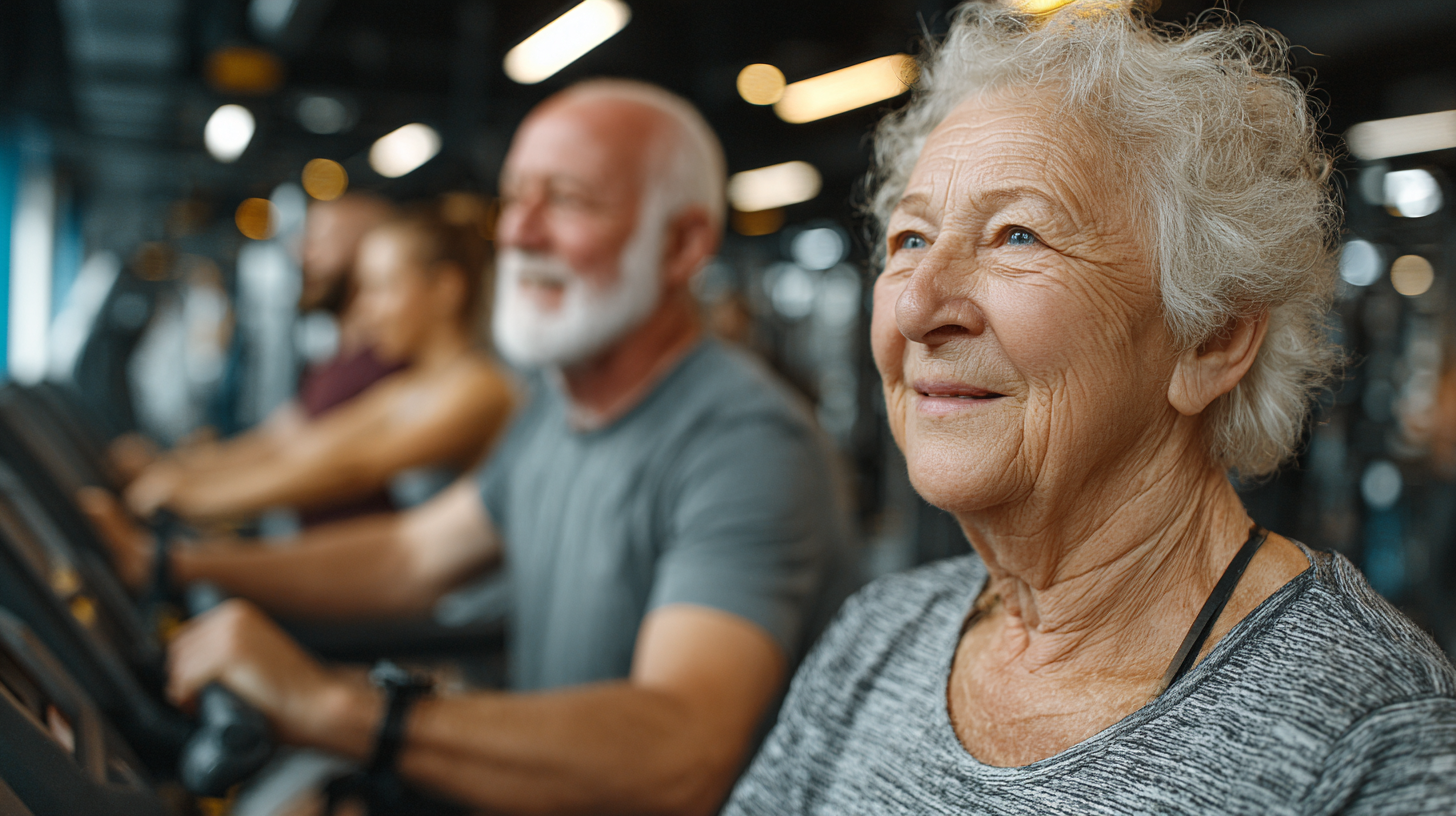 Skupina seniorov cvičí jogu v parku
